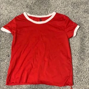 red and white shirt sleeve tshirt